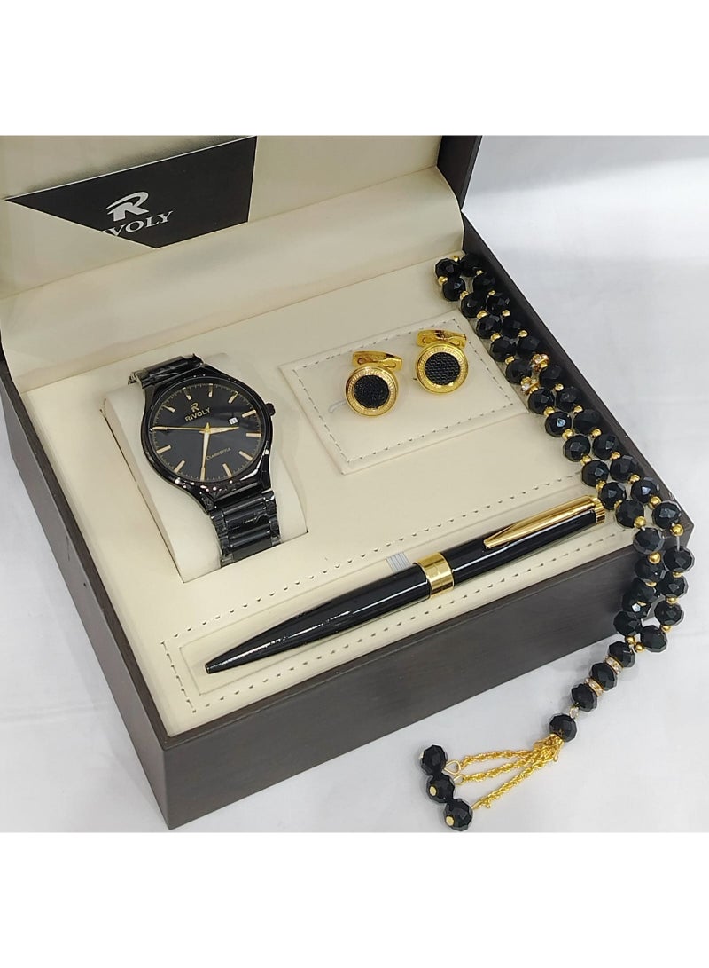 A men's gift set from the Rivoli brand consisting of a wristwatch, pen, cufflinks, and prayer beads.